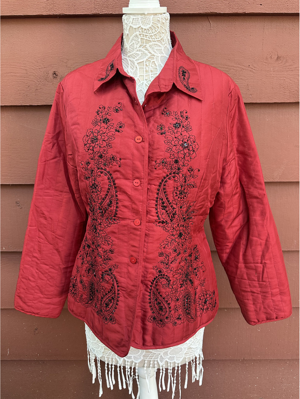 Carole Little Vintage Red Quilted Silk Jacket with Black Floral Embroidery